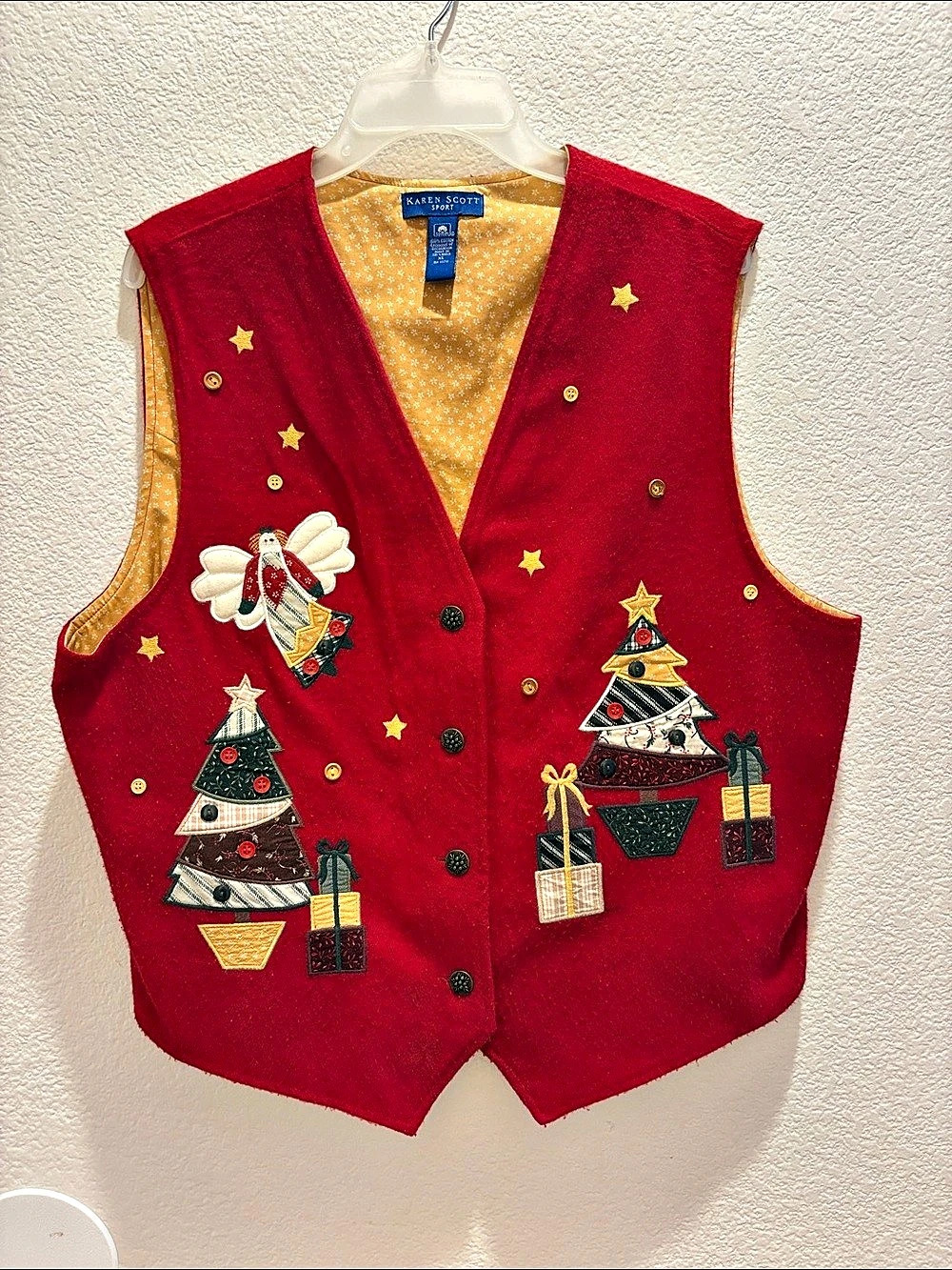 Karen Scott Christmas Tree Angel Holiday Vest Red & Yellow XL
